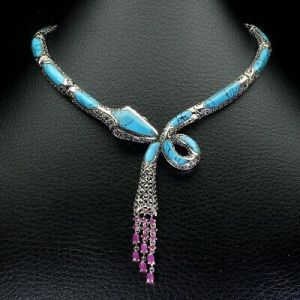 Blue Turquoise 25x11mm Ruby Marcasite 925 Sterling Silver Cobra Necklace 16in