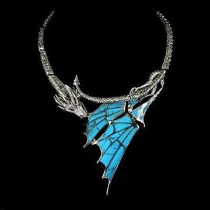 Blue Turquoise Ruby Marcasite 925 Sterling Silver Dragon Necklace 17 Inches